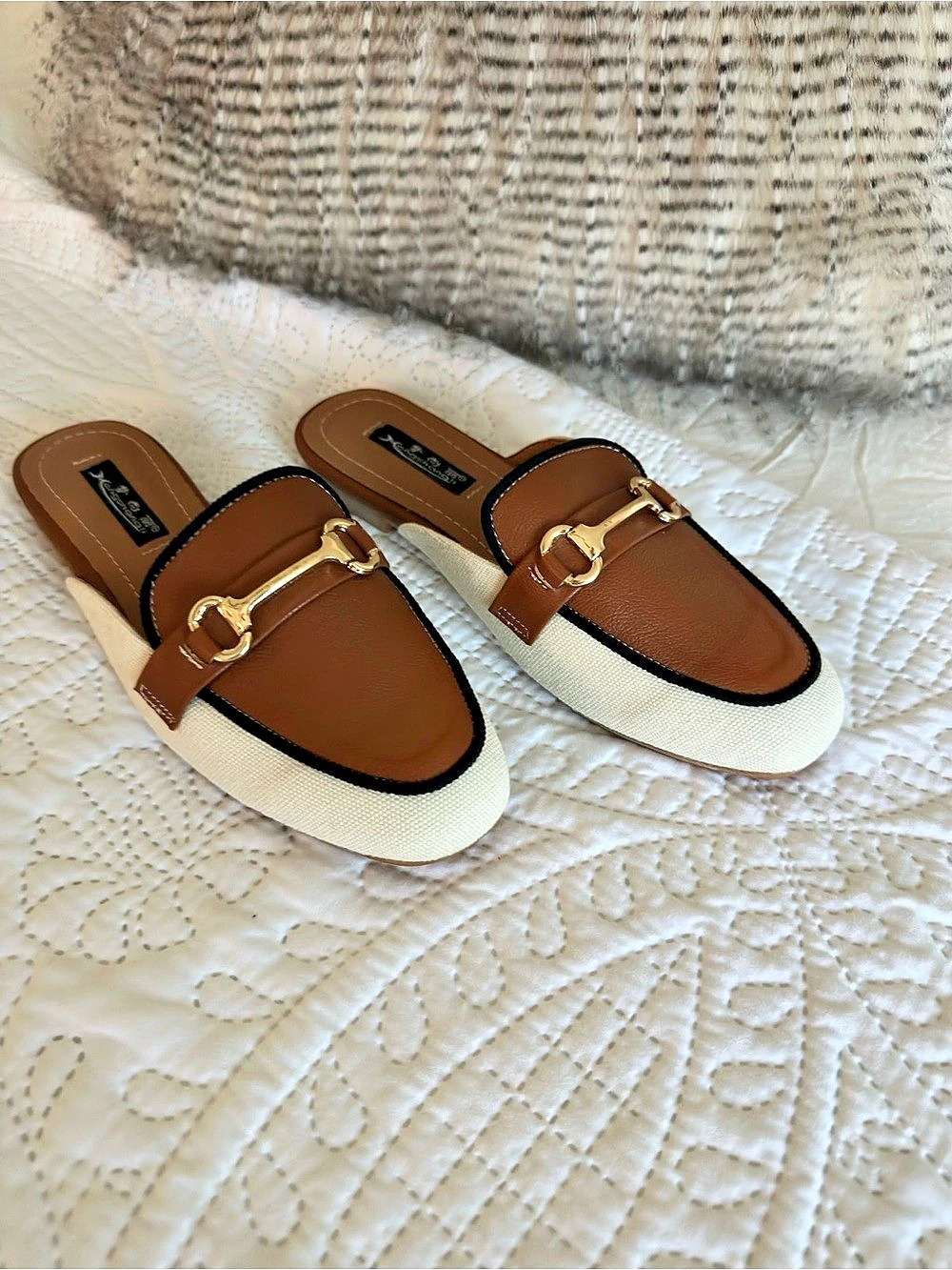 Horsebit Mules in Brown & Cream Like New